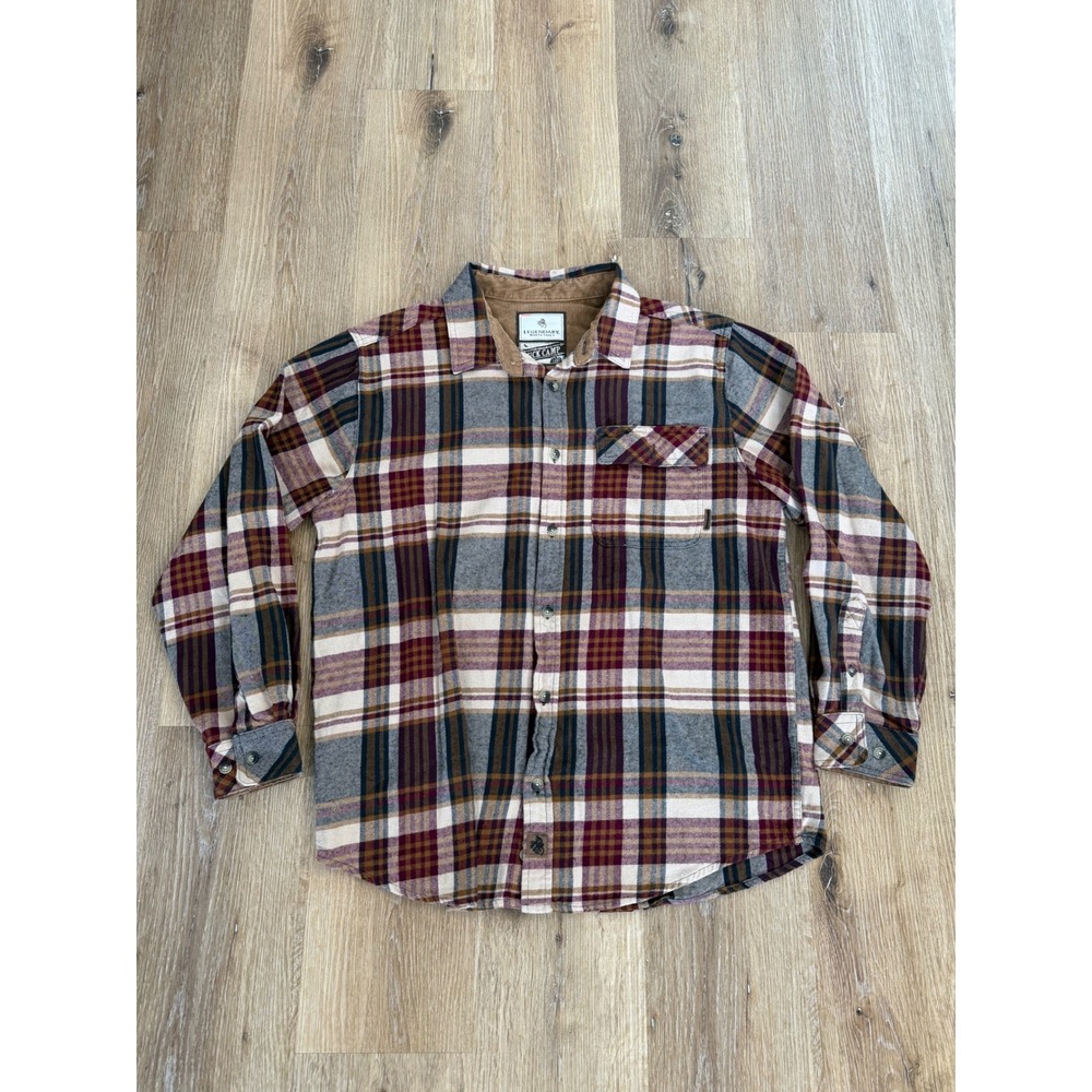 Legendary Whitetails Flannel Shirt Mens LG Burgundy Plaid Buck Camp Cabin Rustic
